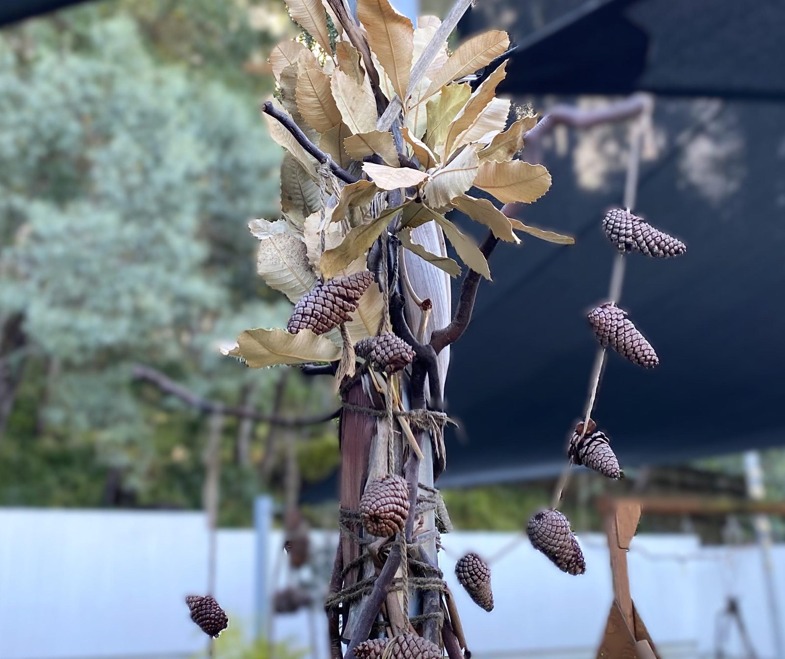 Mobile of gum leaves and seed pods hanging indoors