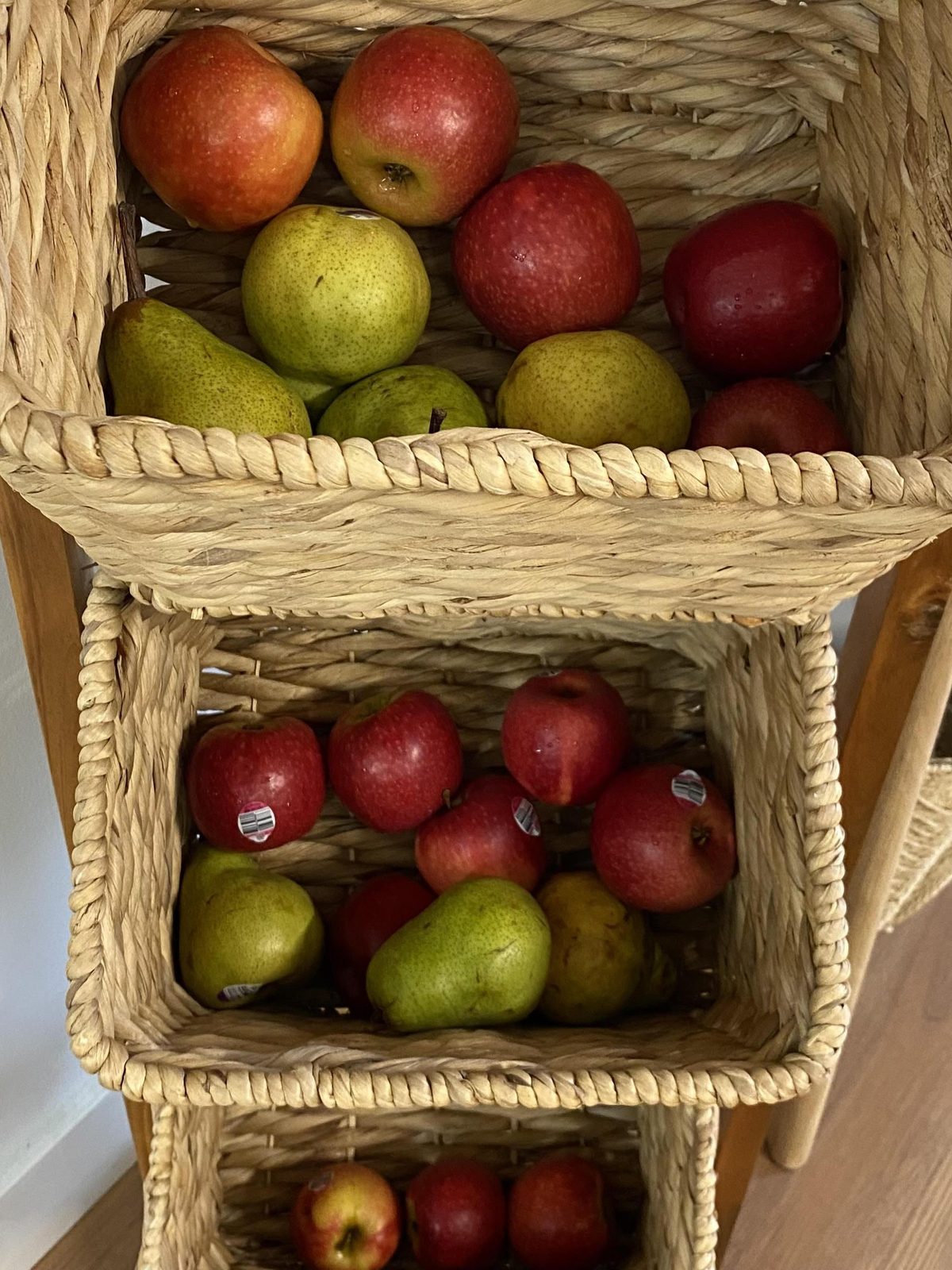 Baskets of fresh apples and pears for morning tea