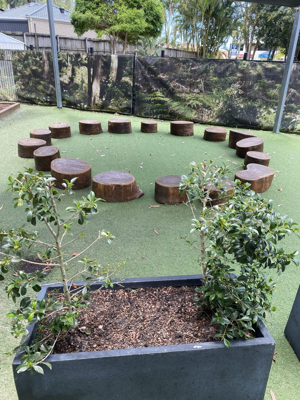 Planted garden mound edged with timber rounds